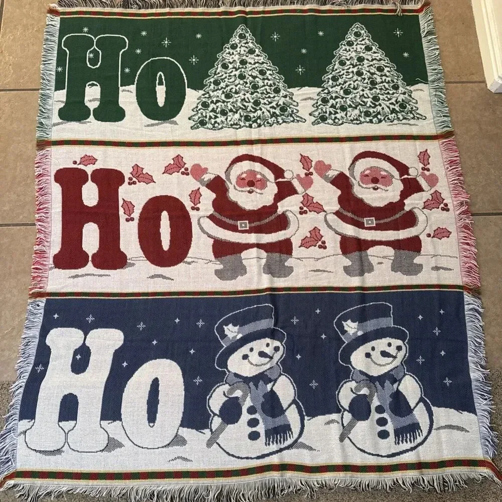 Vintage Santa Snowman Christmas Bear Throw Fringe Picken Blanket Winter‎ 60x60